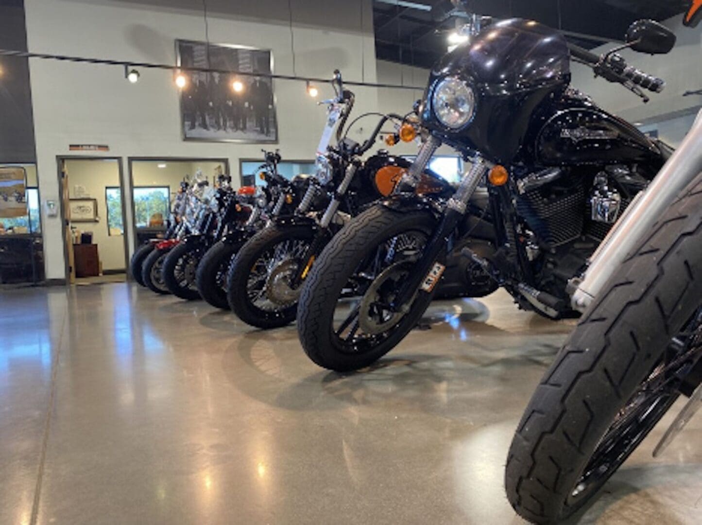 Black motorcycles lined up in a showroom.