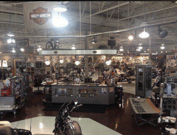 Harley-Davidson dealership showroom interior.